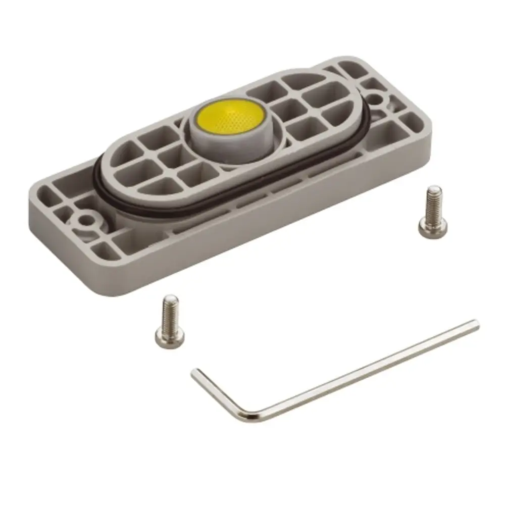Graue Montageschiene mit runder gelber Taste, Gummidichtung und zwei Schrauben. Inklusive Innensechskantschlüssel zur Befestigung. Produkt von AXOR.